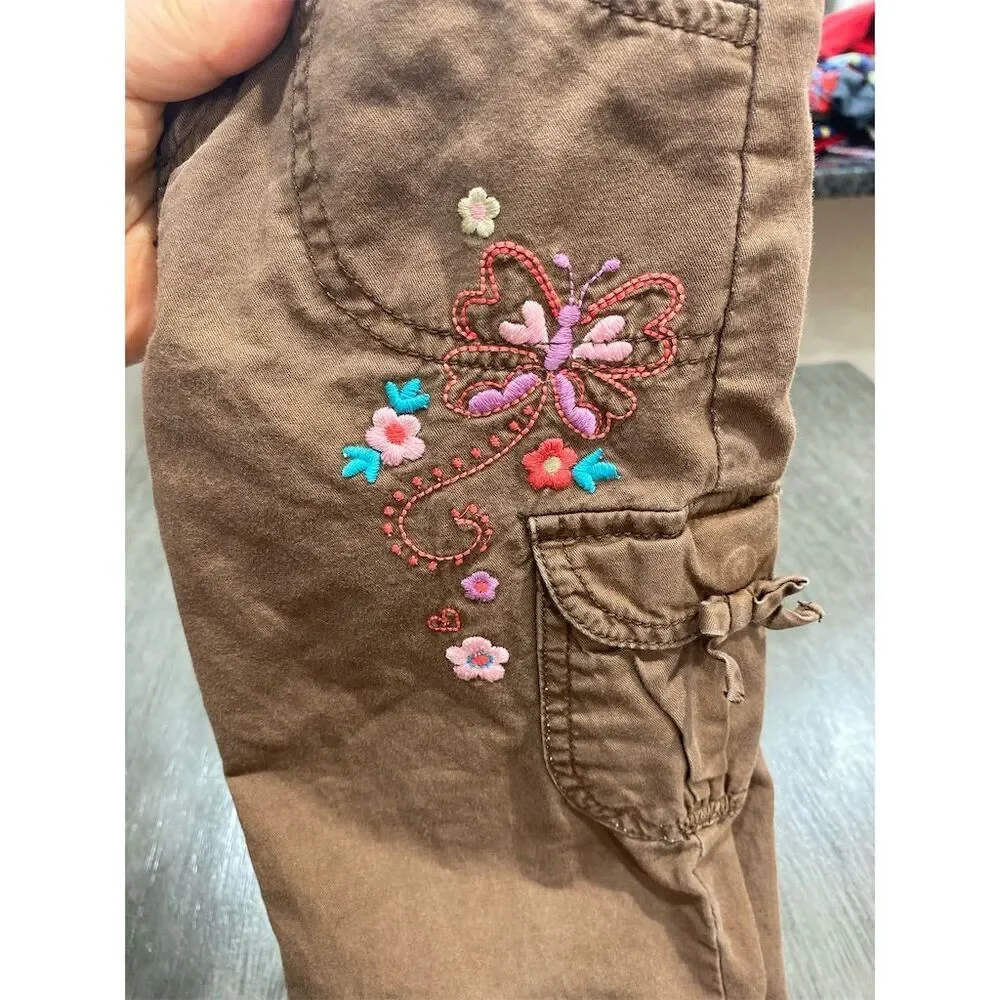 OshKosh B'gosh Girls M Brown Embroidered Cargo Pants Butterfly Floral 6X